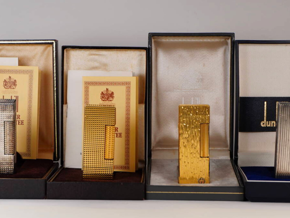 ダンヒル Dunhill ライター 4点セット ゴールド／シルバーカラー 格子・ストライプ模様 箱・冊子付 現状品