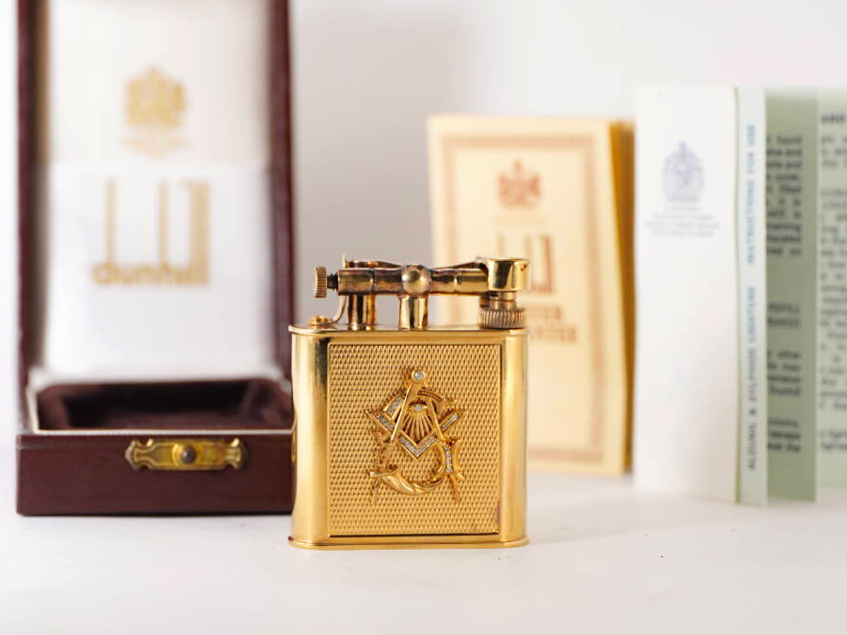 dunhill ダンヒル ヴィンテージ ライター ゴールドカラー系 装飾入 純正ケース付 96.3克