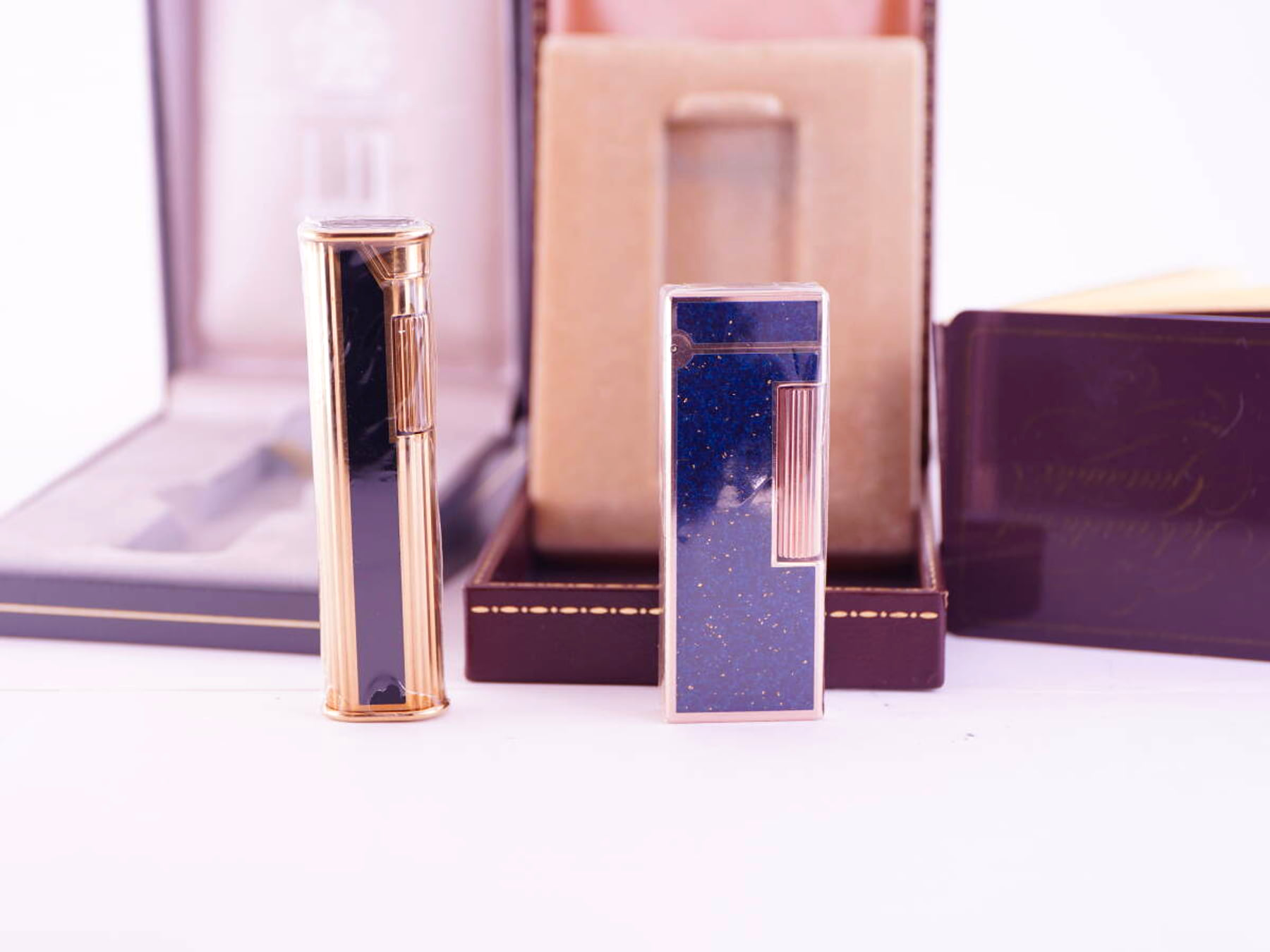 dunhill ダンヒル表記 ブルー・ブラック系 漆調 ガスライター 2点 ケース付 ジャンク品