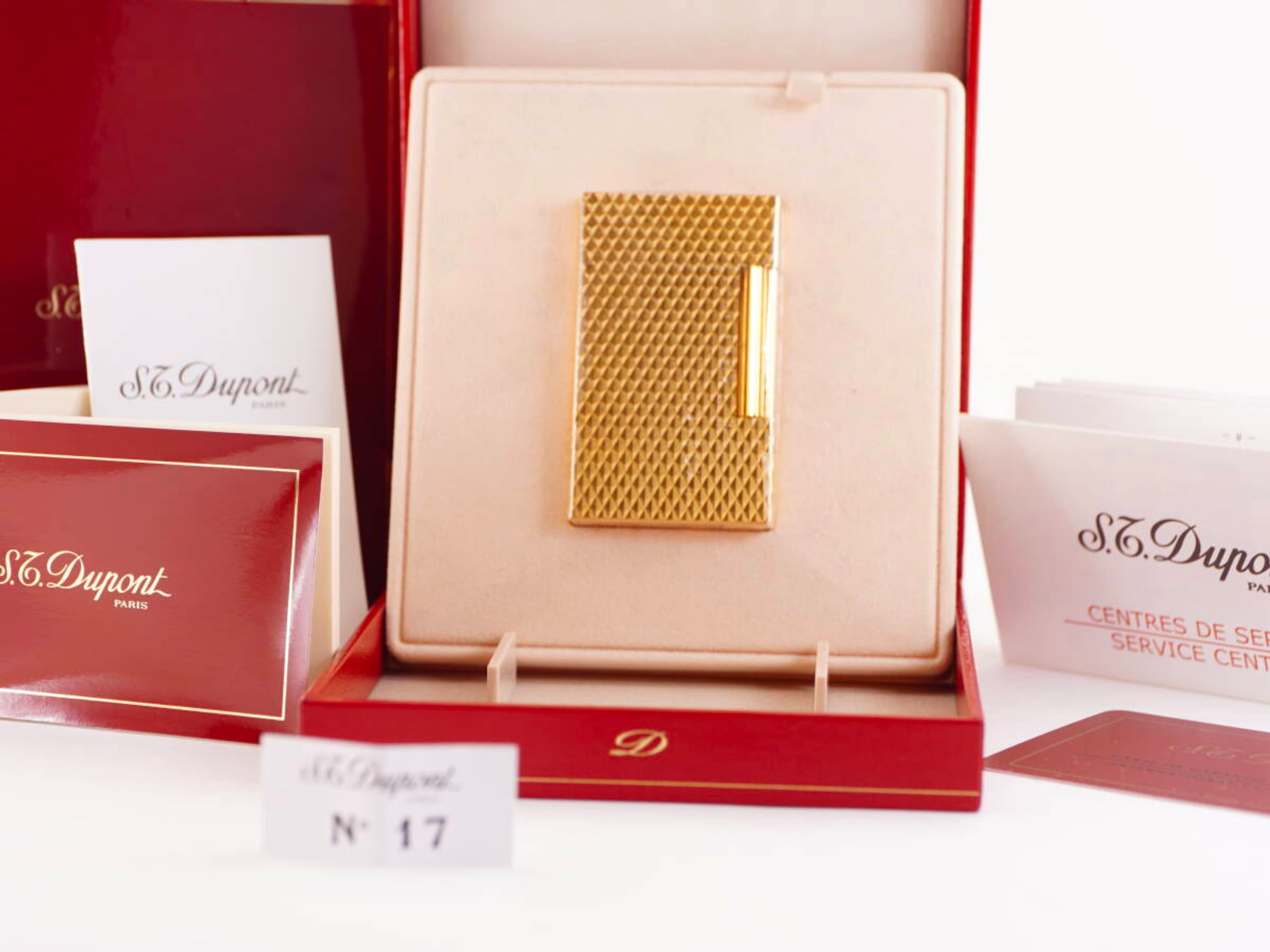 S.T.Dupont デュポン表記 ライン2タイプ ゴールドカラー 格子模様 ガスライター ケース付 ジャンク品