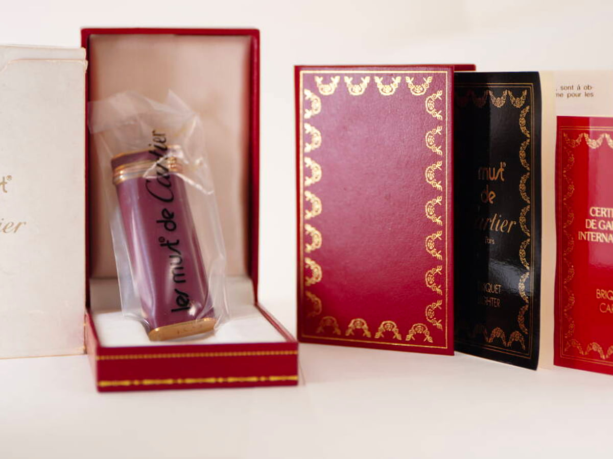 Cartier カルティエ le must ガスライター パープル系 ゴールドカラー 円筒型 元箱 保証書付