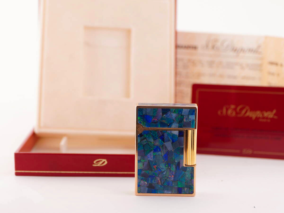 S.T.Dupont デュポン表記 ライン2タイプ オパール調装飾 ガスライター ケース付 ジャンク品