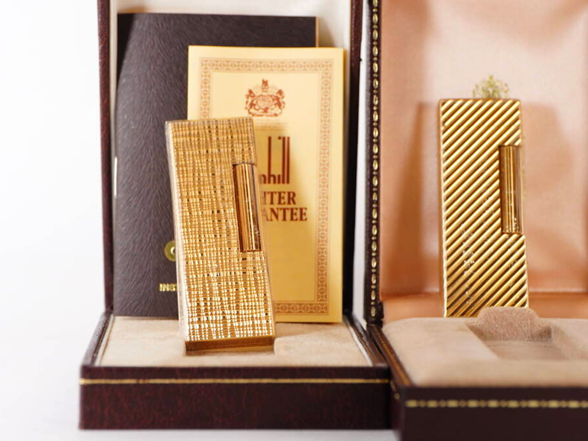 Dunhill ダンヒル 薄型 ガスライター 2点セット ゴールドカラー ストライプ調・幾何柄 原箱付