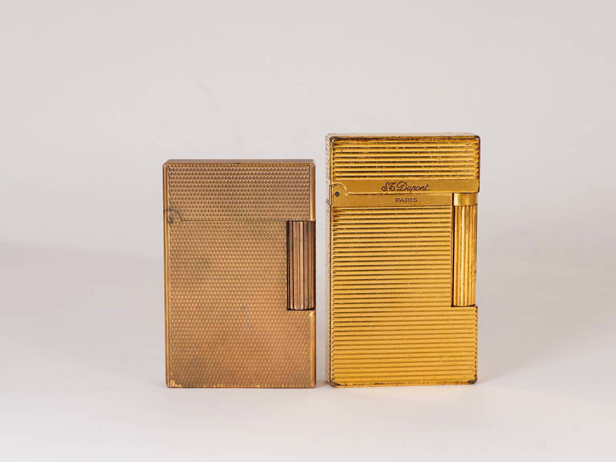 S.T.Dupont デュポン L2 ガスライター 2点セット ゴールド ダイヤモンドヘッド／ストライプ フランス製 現状品
